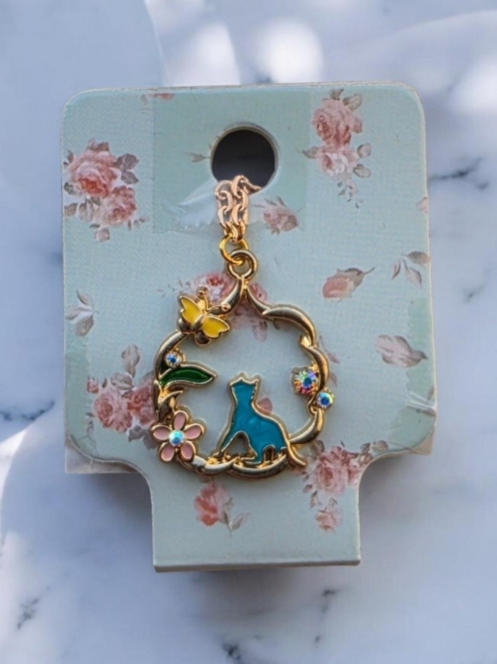 Gold-Tone Blue Cat Floral Pendant Necklace